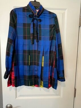 Escada Sport Tartan Plaid Bow Tie Tunic Blouse Top Sz S Old Money Academia